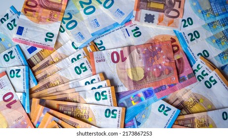 Fifty Euro, Ten Euro, Twenty Euro Banknotes. Inflation. Expenses And Income. Finance And Savings. Money Counting. Cash. A Crisis. Business. Central Bank. Euro Union. Economy. Salary. Currency. War