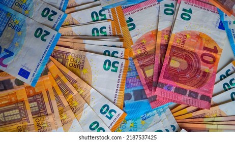 Fifty Euro, Ten Euro, Twenty Euro Banknotes. Inflation. Expenses And Income. Finance And Savings. Money Counting. Cash. Crisis Business. Central Bank. Euro Union. Economic War. Salary Currency. Crypto