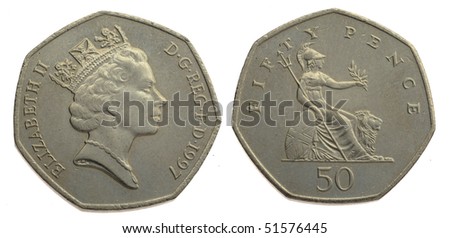Fifty pence over a white background