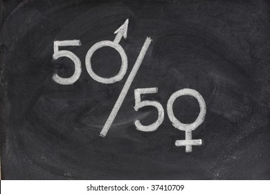 Fifty Percent - Concept Of Gender Equal Opportunity Or Representation In Political And Public Life Sketched With White Chalk On Blackboard