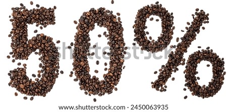 Fifty percent made with scattered coffee beans on a transparent background.