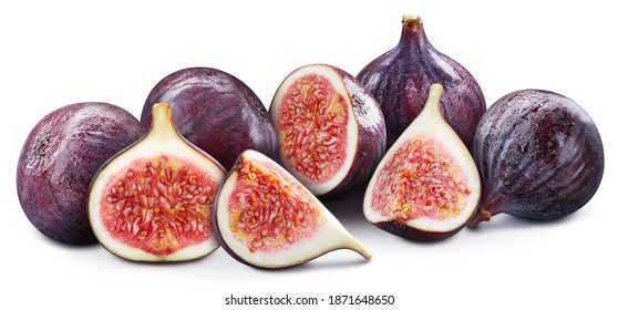Fig fruit with leaf isolate. Fig whole, half, slice on white. Fig clipping path. High End Retouching