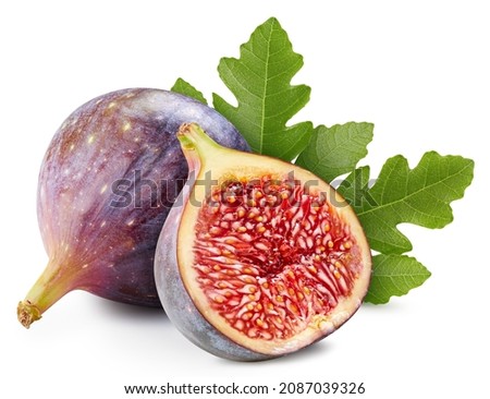 Fig fruit slices and fig leaves over white. Fig with clipping path