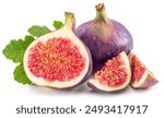 Fig fruits with fig leaves and slices of fig isolated on white background.