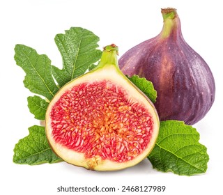 Fig fruits with fig leaves and slices of fig isolated on white background.