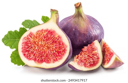 Fig fruits with fig leaves and slices of fig isolated on white background.