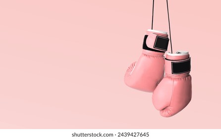 Fight against breast cancer. Pair of pink boxing gloves on color background, space for text. Banner design