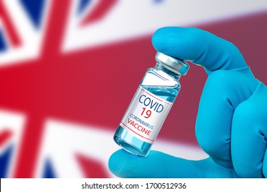  Fight Against The Epidemic Of Coronavirus In Great Britain.Doctor's Hand In Medical Gloves With Vaccine For  COVID-19 On The Background Of The Flag Great Britain. Flu Shot  In Great Britain