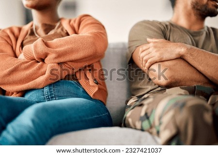 Fight, argument and couple on sofa in therapy for conflict, marriage problem and divorce counseling. Psychology, mental health and upset woman with military man or veteran for ptsd, issue and support