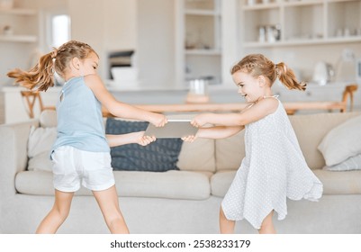 Fight, children and tablet in home with conflict, frustrated and sharing argument. Sisters, kids pulling and digital tech in living room with bad behavior, bullying and sibling rivalry at lounge sofa - Powered by Shutterstock