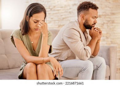 Fight, Divorce And Depression With Couple On Sofa For Conflict, Therapy And Mental Health Or Marriage Counseling. Sad, Anxiety And Stress With Man And Woman In Living Room For Fail, Crisis And Angry