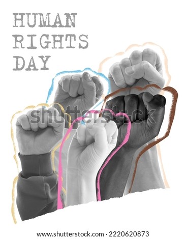Fight for human rights. Modern art collage. Contemporary minimalistic artwork i with hands showing fists isolated over white background. Human rights international day concept