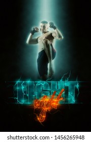 Fight Night Poster. Martial Arts Fighter (MMA) Jumping With A Knee Kick 