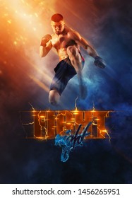 Fight Night Poster. Martial Arts Fighter (MMA) Jumping With A Knee Kick 