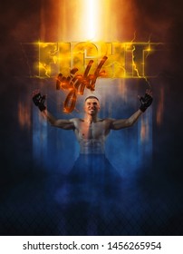 Fight Night Poster. Martial Arts Fighter (MMA) Jumping With A Knee Kick 