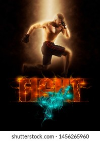 Fight Night Poster. Martial Arts Fighter (MMA) Jumping With A Knee Kick 