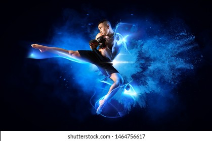 Fight Night Poster. Martial Arts Fighter (MMA) Blue Smoke Background