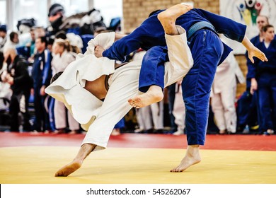 Fight Two Judoka Athlete On Tatami Judo Competitions