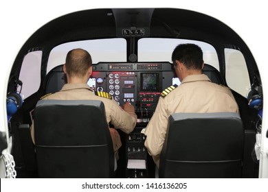 Fighter Aircraft Simulator Training Room With Two Pilots. A Flight Simulator Is A Device That Artificially Re-creates Aircraft Flight And Environment In Which It Flies, For Pilot Training, Design.