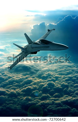 Fighter jet above the clouds