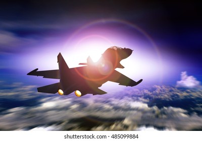 Fighter Jet Flying Facing Sunset