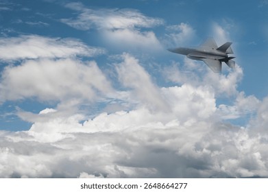 Fighter jet flying through cloudy blue sky on background with copy space