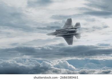 Fighter jet flying through cloudy blue sky on background with copy space