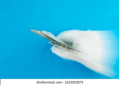 Fighter Jet Scale Model (toy) In Super Sonic Speed Effect Made With Cotton Balls.