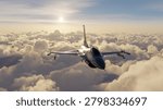 Fighter jet soars above a dramatic cloudscape at sunrise, evoking power, speed and freedom — 3d Rendering.