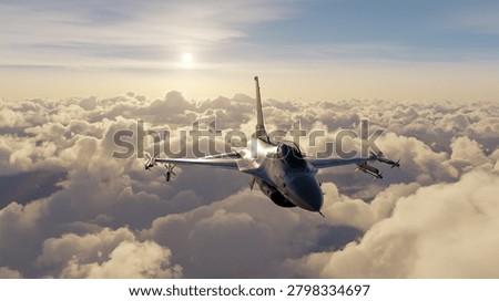 Fighter jet soars above a dramatic cloudscape at sunrise, evoking power, speed and freedom — 3d Rendering.