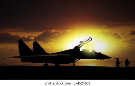 Fighter jet under sunset on super carrier at sea - Powered by Shutterstock