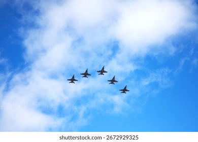Fighter Jets in Formation Against Cloudy Blue Sky