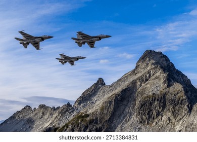 Fighter jets surge across a sharp mountain ridge, a dramatic alpine landscape showcasing precision flight. 3d Rendering Military Aircraft. Background image from British Columbia, Canada