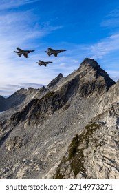 Fighter jets surge across a sharp mountain ridge, a dramatic alpine landscape showcasing precision flight. 3d Rendering Military Aircraft. Background image from British Columbia, Canada