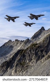 Fighter jets surge across a sharp mountain ridge, a dramatic alpine landscape showcasing precision flight. 3d Rendering Military Aircraft. Background image from British Columbia, Canada