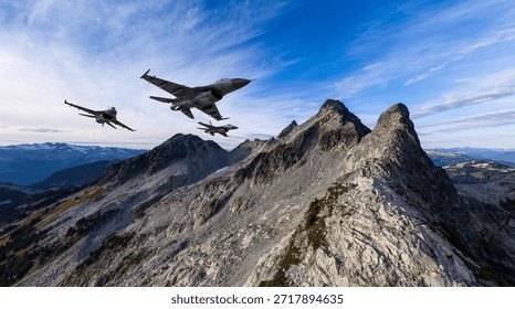 Fighter jets surge across a sharp mountain ridge, a dramatic alpine landscape showcasing precision flight. 3d Rendering Military Aircraft. Background image from British Columbia, Canada