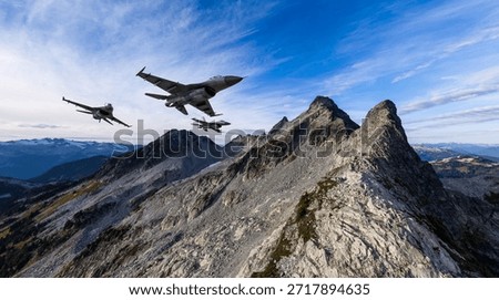 Fighter jets surge across a sharp mountain ridge, a dramatic alpine landscape showcasing precision flight. 3d Rendering Military Aircraft. Background image from British Columbia, Canada