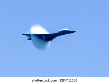 The Fighter Overcomes The Sound Barrier, The Moment Of Transition Of The Sound Barrier By Plane.
