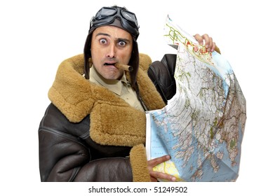 Fighter Pilot With Map Isolated In White