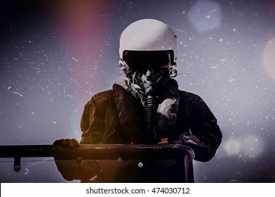 Fighter Pilot Portrait In An Abstract Sky And Atmosphere Design.