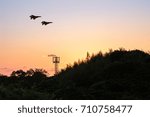 The fighter plane which flies in the evening sky