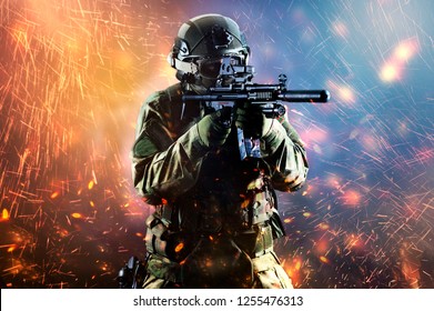 Fighter of a special unit is aiming at the sight of the machine gun. Mixed media