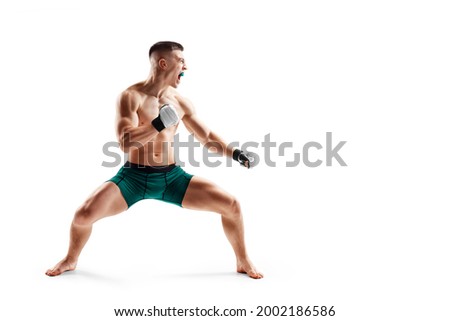 Fighter stance. MMA fighter isolated on white background. Athlete. Side view. Sport