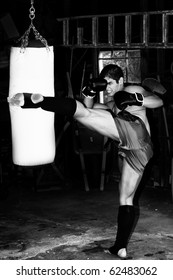 Fighter training in garage.