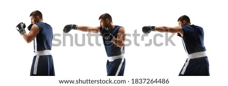 Fighter. Young professional boxer training in action, motion of step-to-step kicking isolated on white background. Concept of sport, movement, energy and dynamic, healthy lifestyle. Flyer.