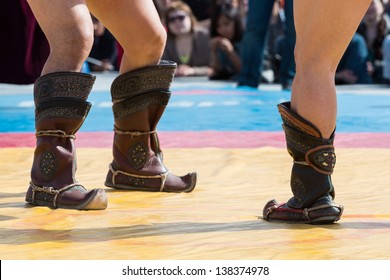 The Fighters In National Boots Are Ready To Mongolian Wrestling.