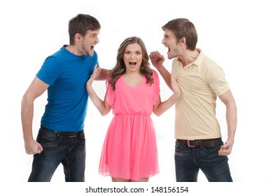 Fighting For Girl. Two Angry Men Fighting For Girl While Standing Isolated On White