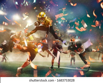 Fighting. Professional sportsmen caught in moment of winning and confetti flying. Motion and action, reaching target, sport and healthy lifestyle concept. Competition, championship. American football.