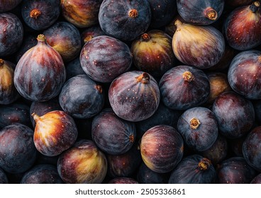 Figs with soft purple skin arranged on a wooden surface, high-quality photo showcasing the natural texture and color, artistic close-up view composition. - Powered by Shutterstock