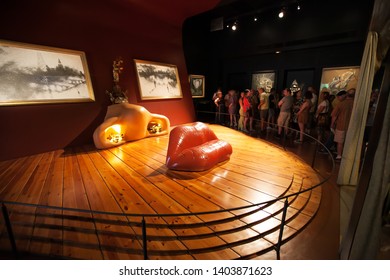 Figueras / Spain - June 21 2016: Dali Museum, The Mae West Room, Lips - Sofa